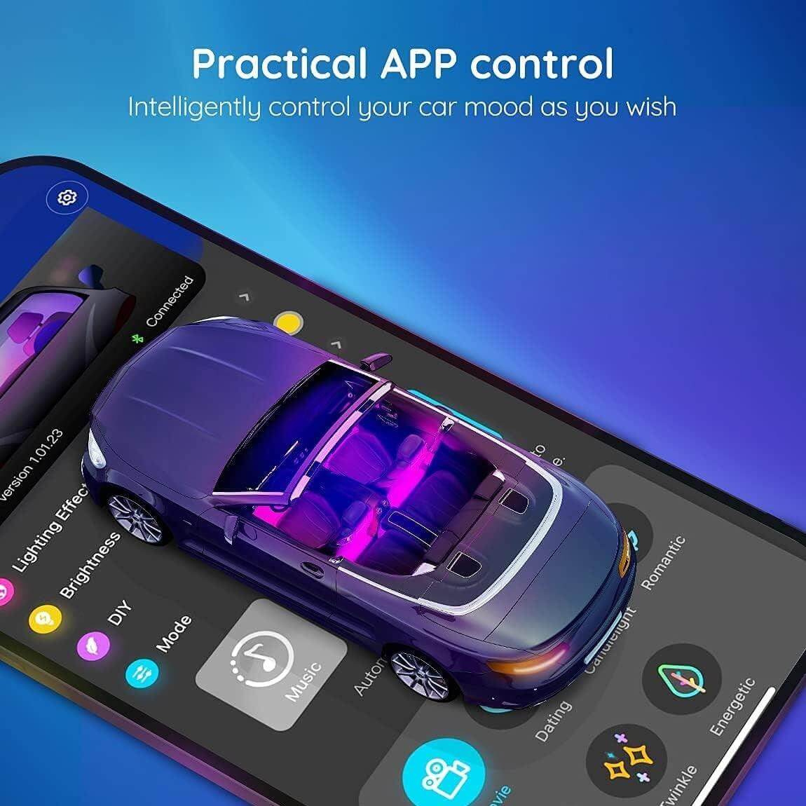Smartphone app controlling Nightglowe Interior Ambient Lighting Kit for customizable car lighting.