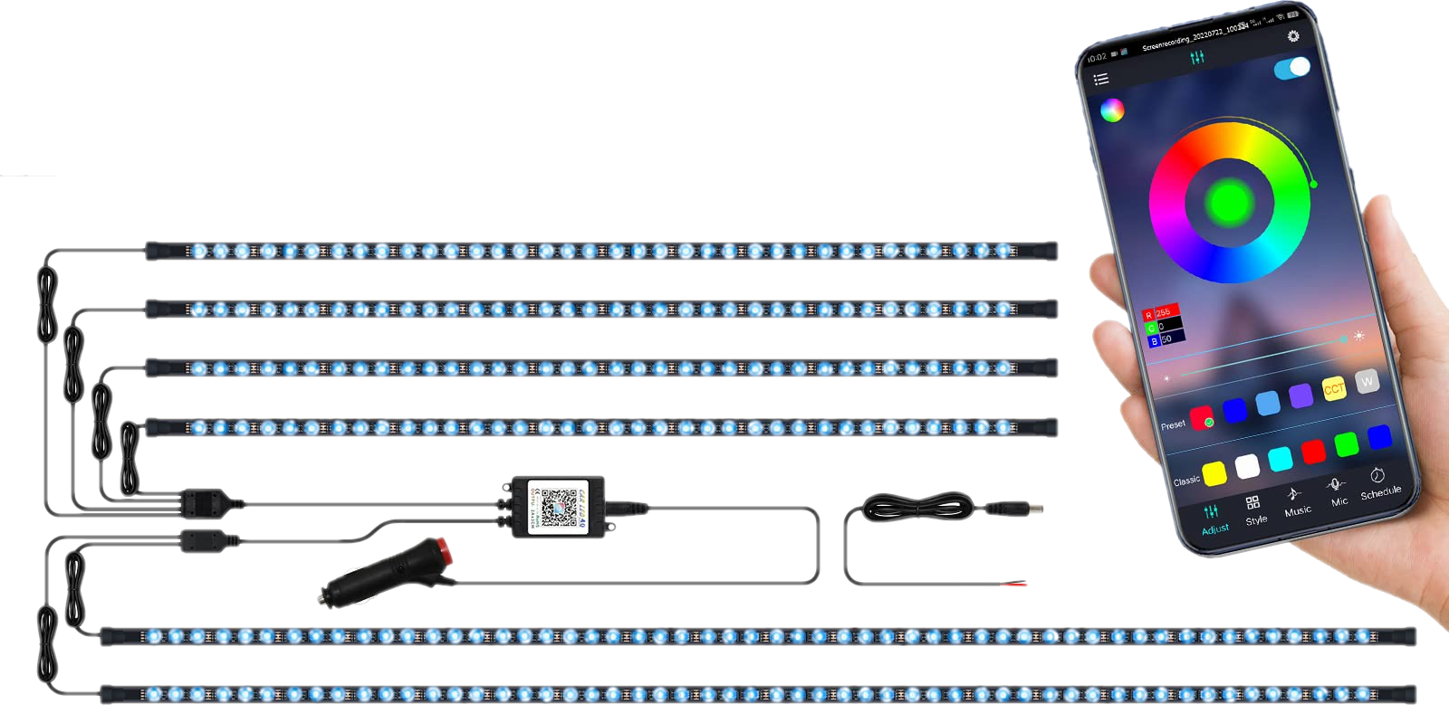 LED strip lights with a smartphone displaying a color wheel app. under-body RGB lights/underglow fast and furious lights