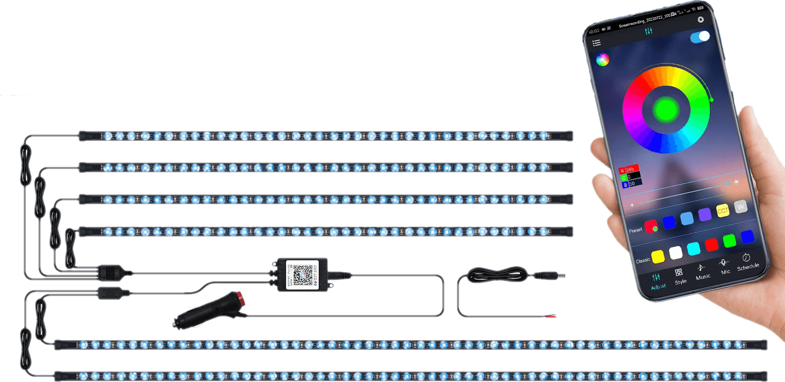LED strip lights with a smartphone displaying a color wheel app. under-body RGB lights/underglow fast and furious lights