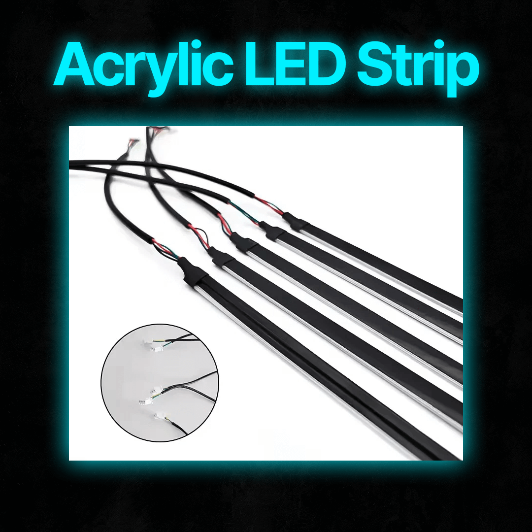 Close-up of acrylic LED light strips for car interior ambient lighting kit, featuring black casing and connection wires for dashboard and door panel installation