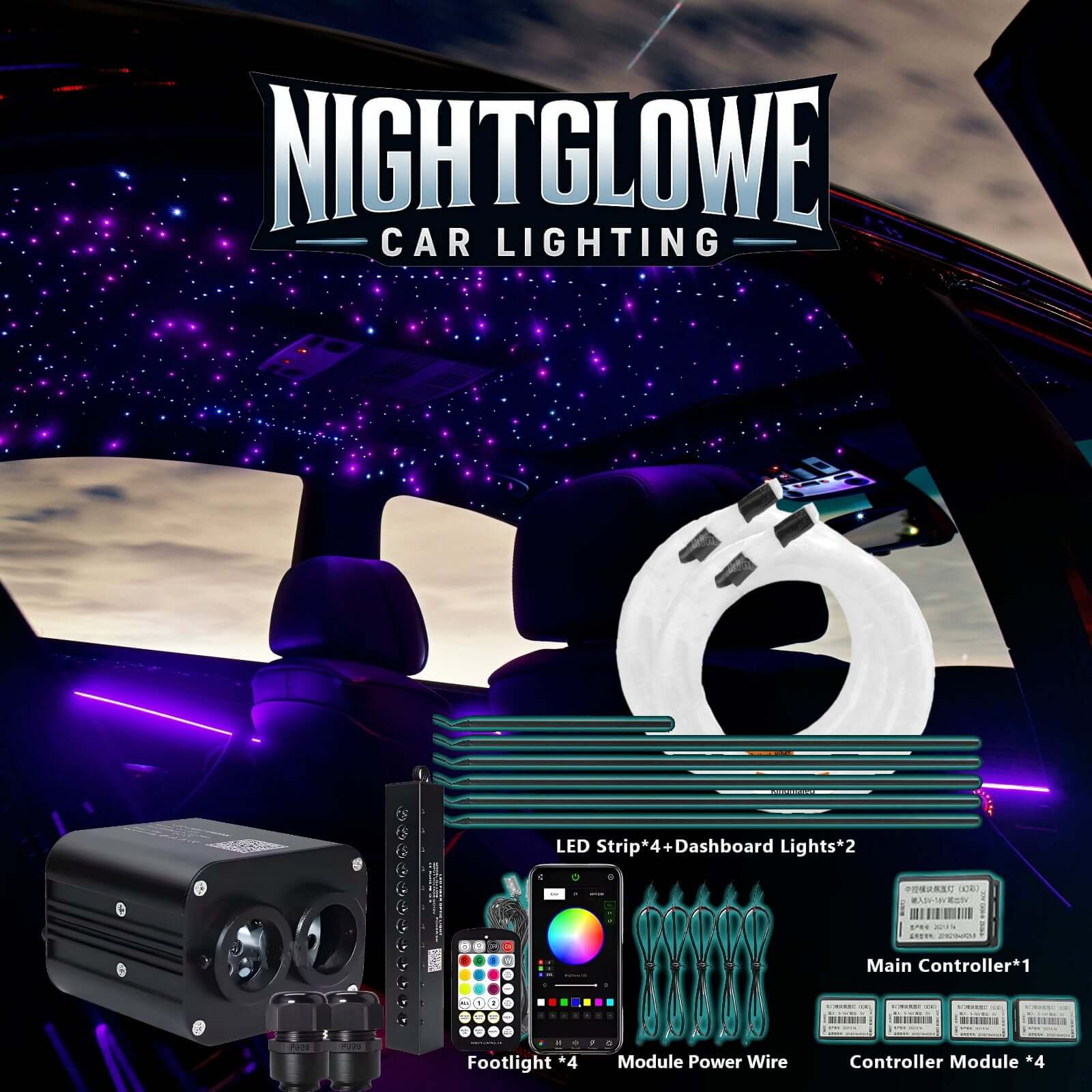 Car interior with Nightglowe car lighting system components displayed.