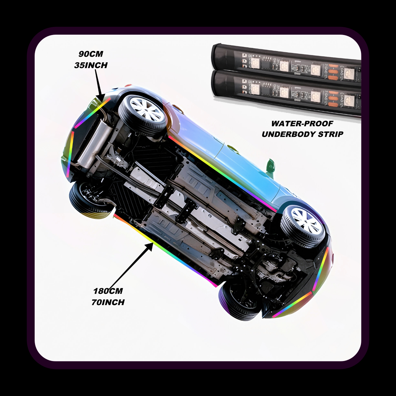 Technical diagram of long car underglow kit showing installation locations and dimensions of waterproof LED strips: 180cm (70 inch) for sides and 90cm (35 inch) for front and rear bumpers
