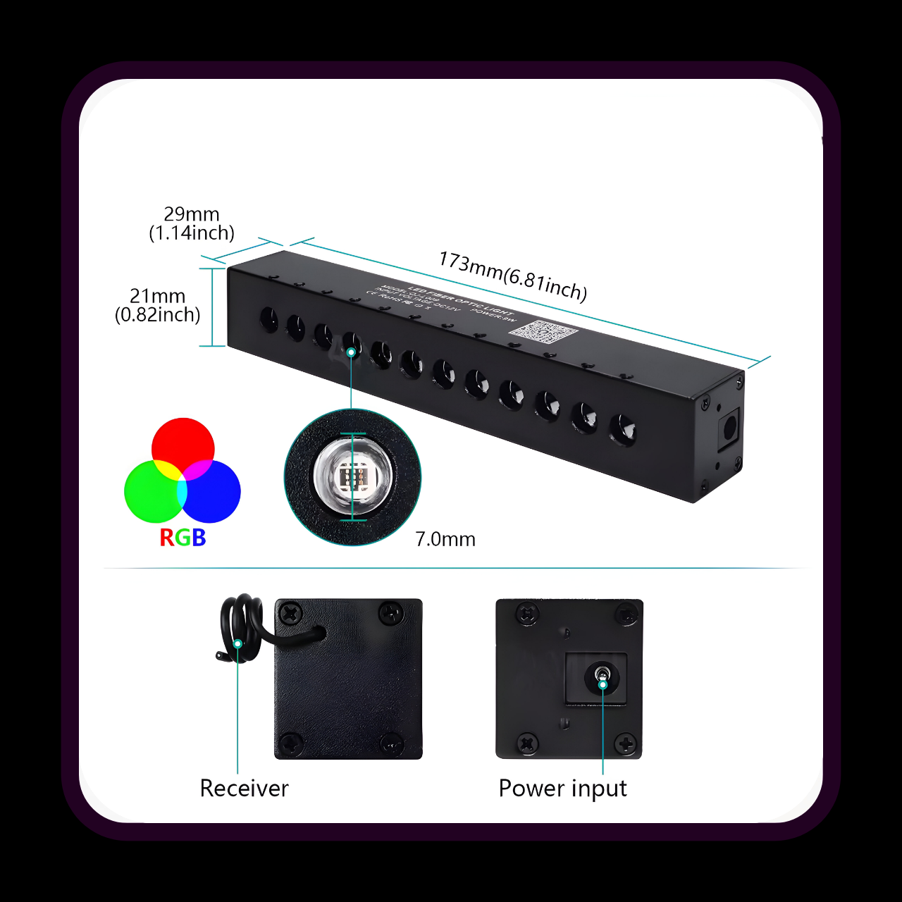 Technical specifications for meteor shooting star light engine motor, showing 173mm length dimensions, 12 fiber optic ports for motion effects, RGB color support, and power connections