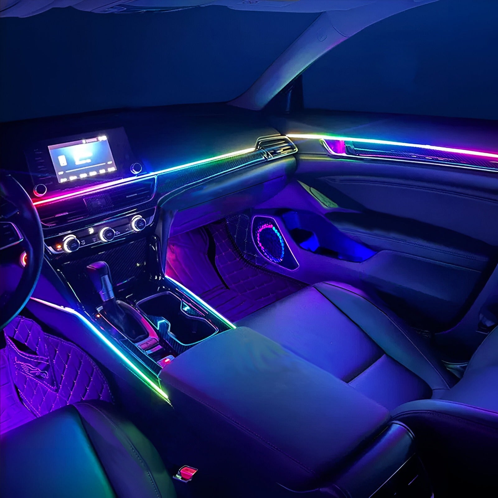 Ultra-premium 22-in-1 car ambient lighting kit featuring rainbow chasing LED strips for dashboard, console, door pockets, and exclusive illuminated speaker ring LEDs