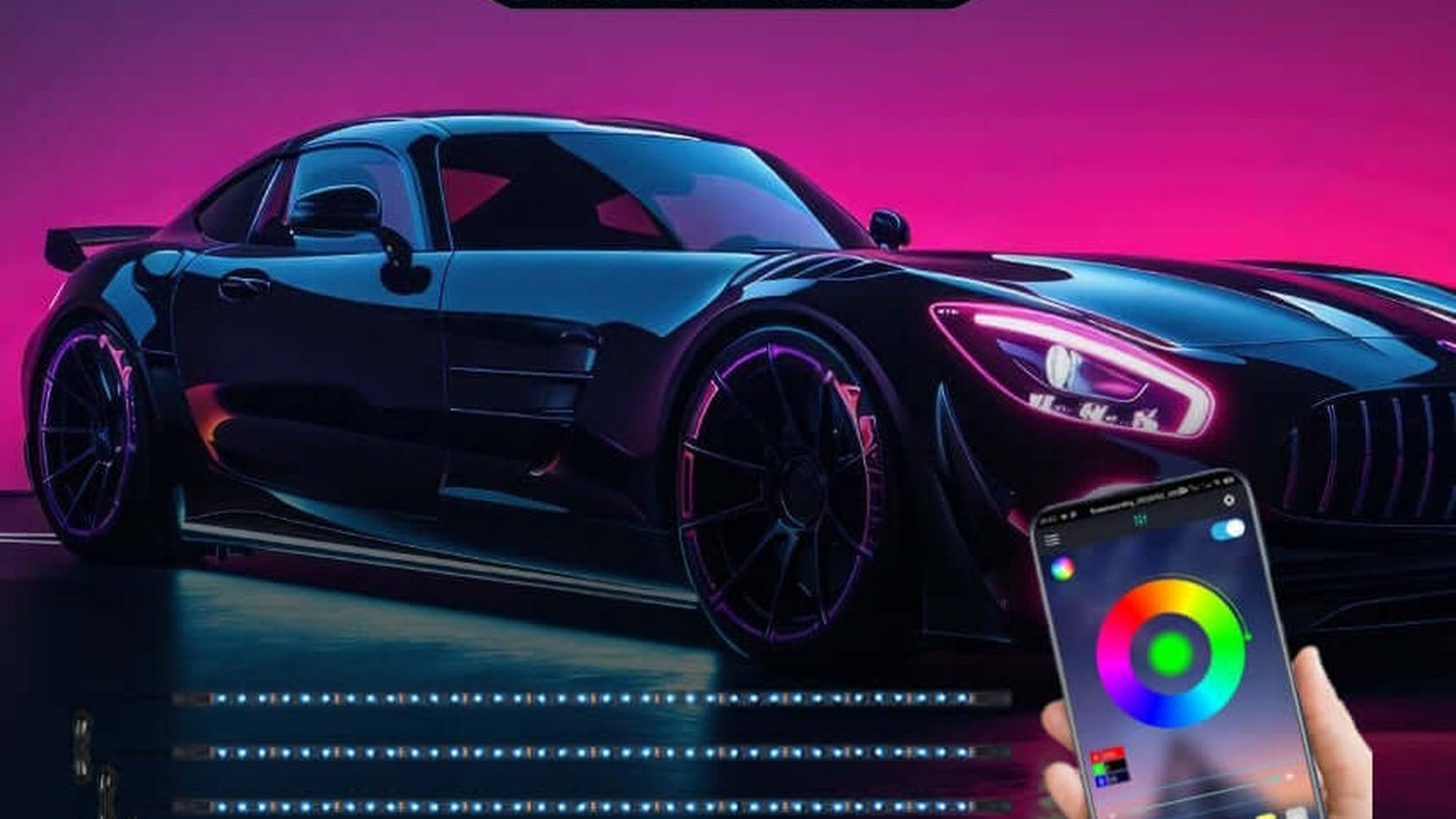 Sports car at night with RGB underglow lighting the ground beneath it