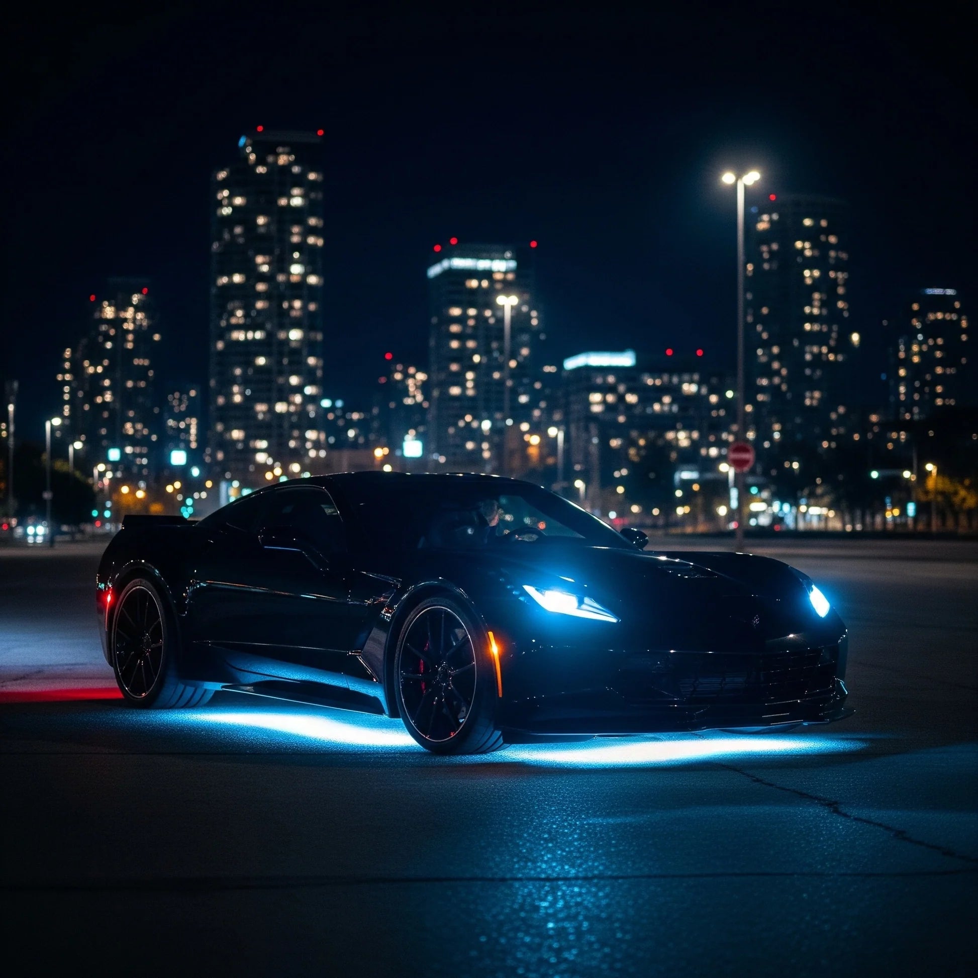 Black corvette sports car on a city street at night with illuminated skyline and under-body RGB lights/underglow fast and furious lights 