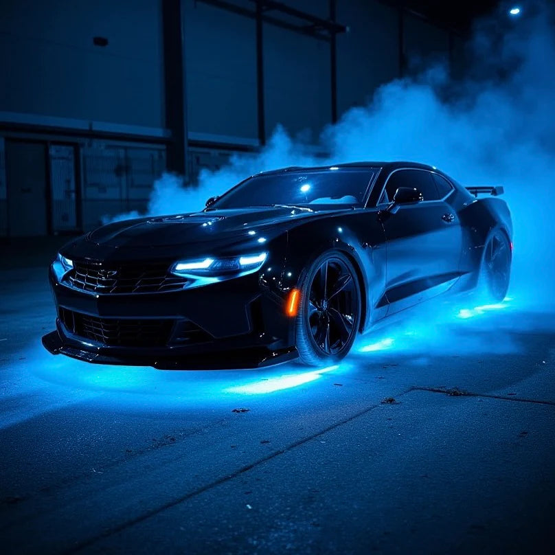 Black camaro with blue underglow/underbody lights on a dark background