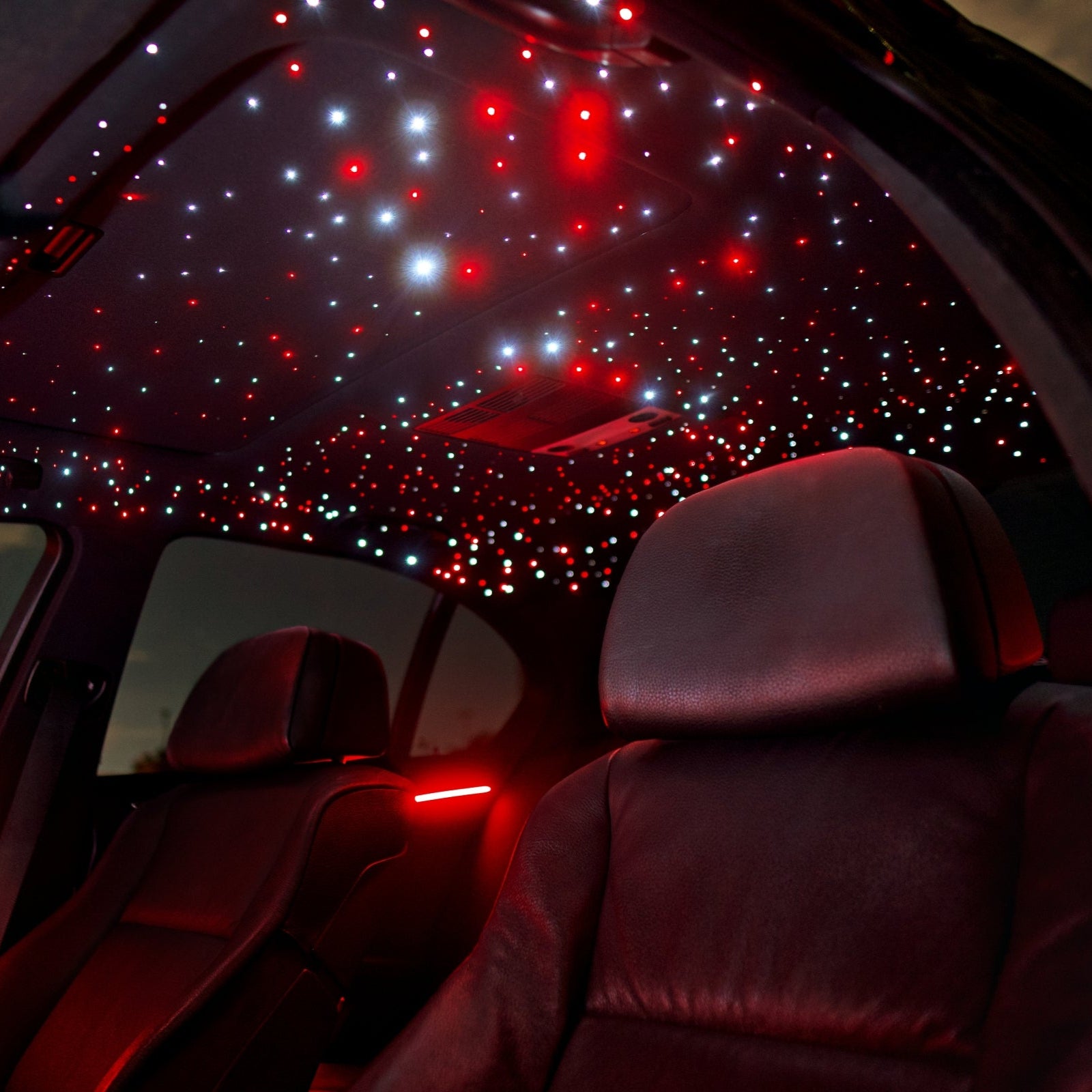 Car interior with neon lights illuminating the car. Sarlight Roofliner lighting kit, universal car kit
diy installation 