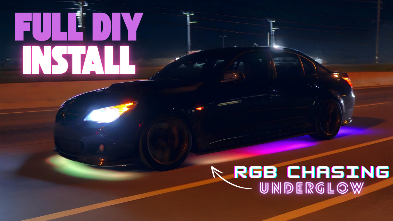 Black BMW car with RGB chasing underglow on a road at night, featuring text about DIY install and underglow.