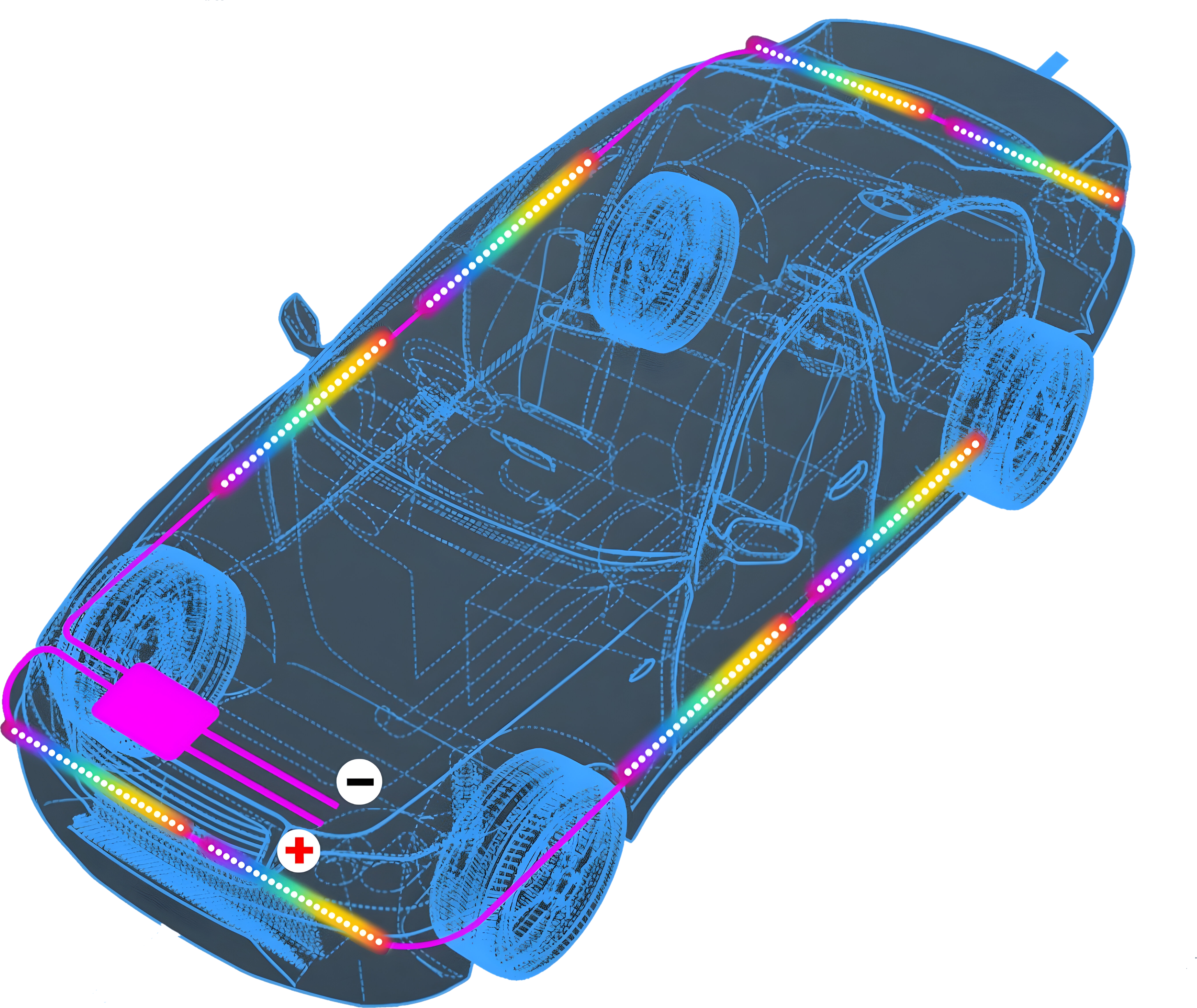 Car diagram with colorful electrical connections for Under body lights/Underglow  on a white background for under-body RGB lights/underglow fast and furious lights 