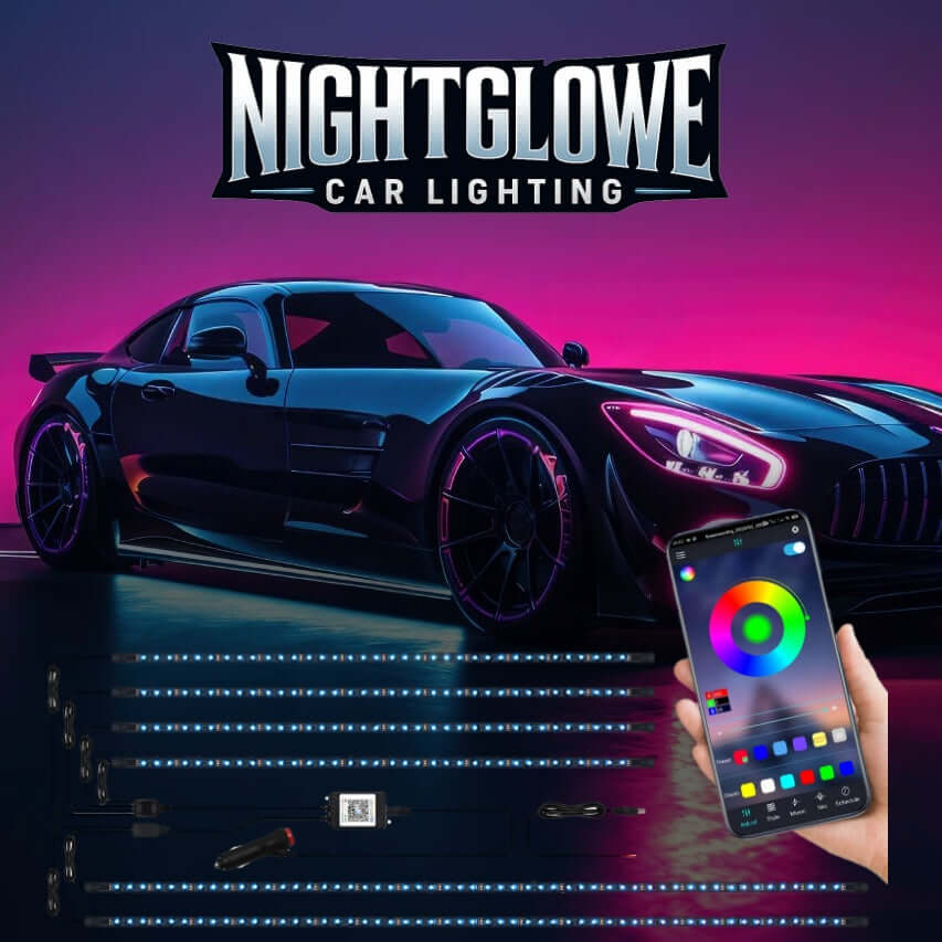 Nightglowe Car Lighting promotional banner featuring dynamic RGB underglow kit on sports car, displaying smartphone app control interface with color wheel and music sync modes