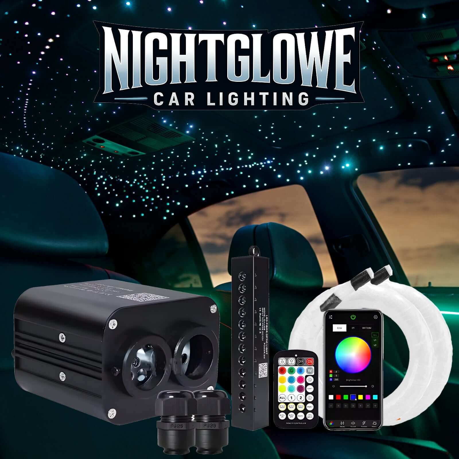 Nightglowe Car Lighting starlight headliner kit bundle featuring high-density fiber optic strands, twinkle light engine, handheld remote, and smartphone app control interface
