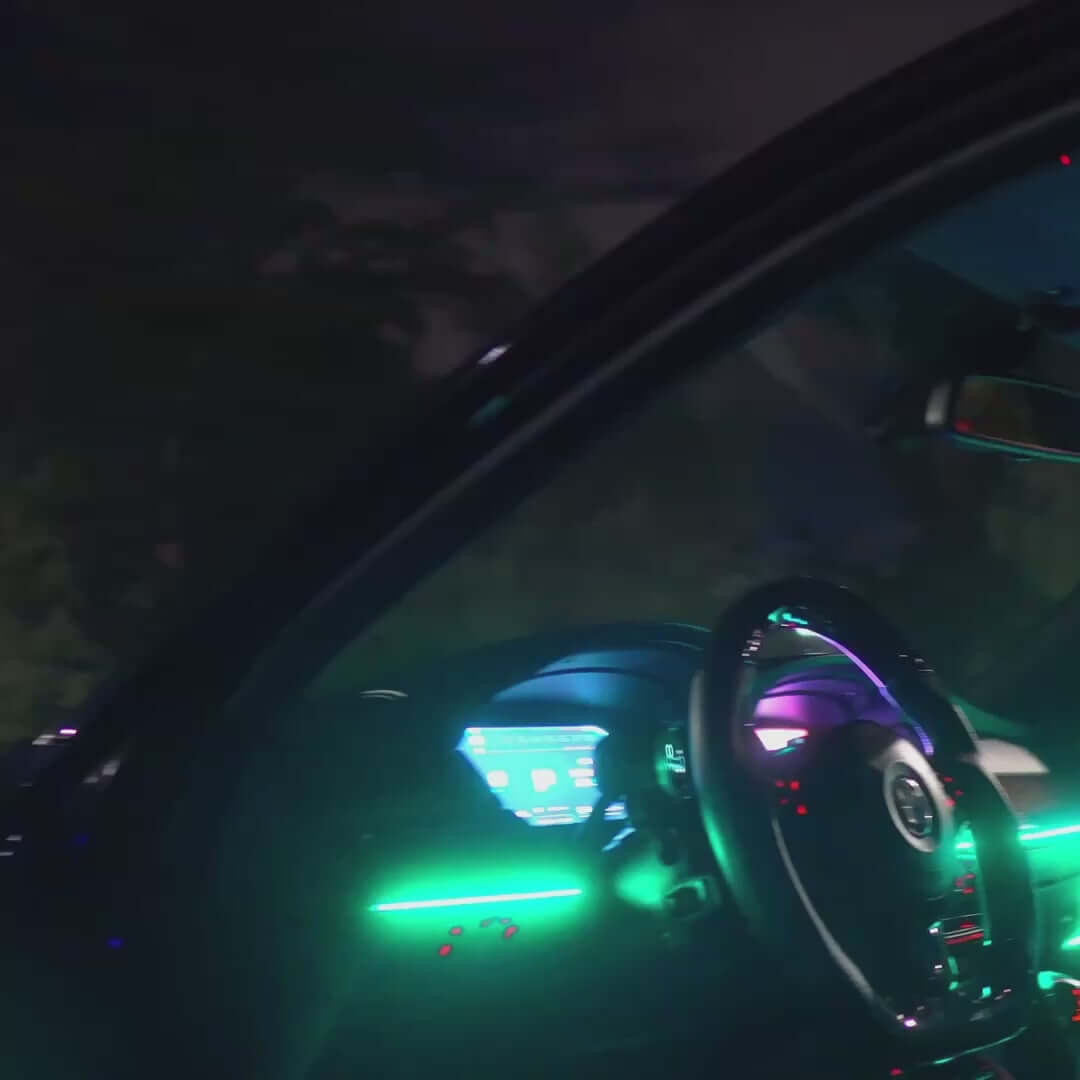 Interior view of car with RGBW fiber optic lighting.