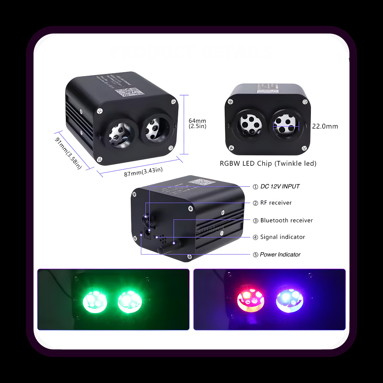 Black LED light module with specifications and color display on a white background